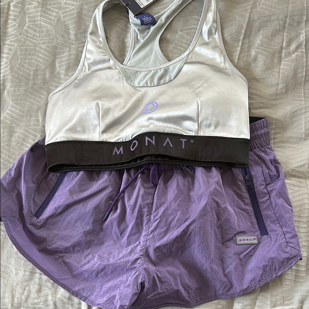 Silver and Purple Sports Bra and Shorts Set